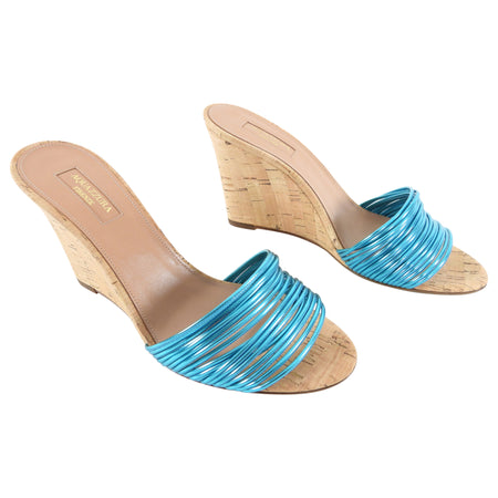 Aquazzura Cork and Metallic Blue Wedge Heels - 40 / 9.5