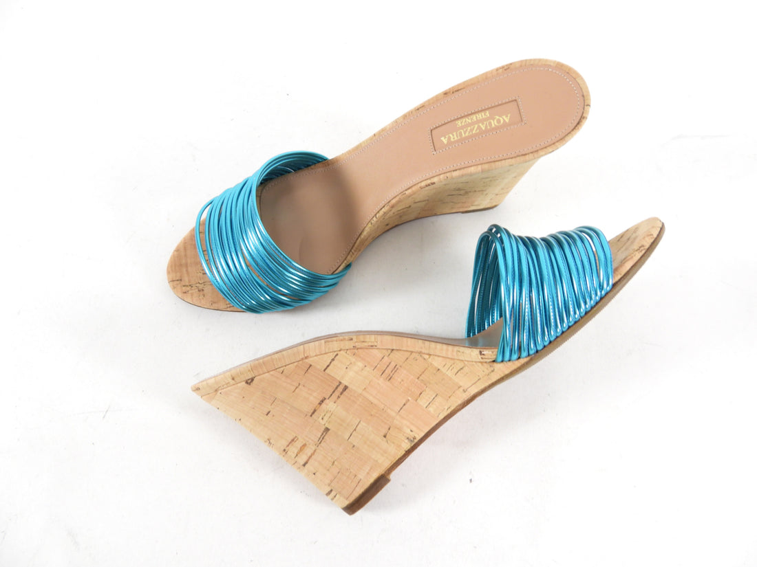 Aquazzura Cork and Metallic Blue Wedge Heels - 40 / 9.5