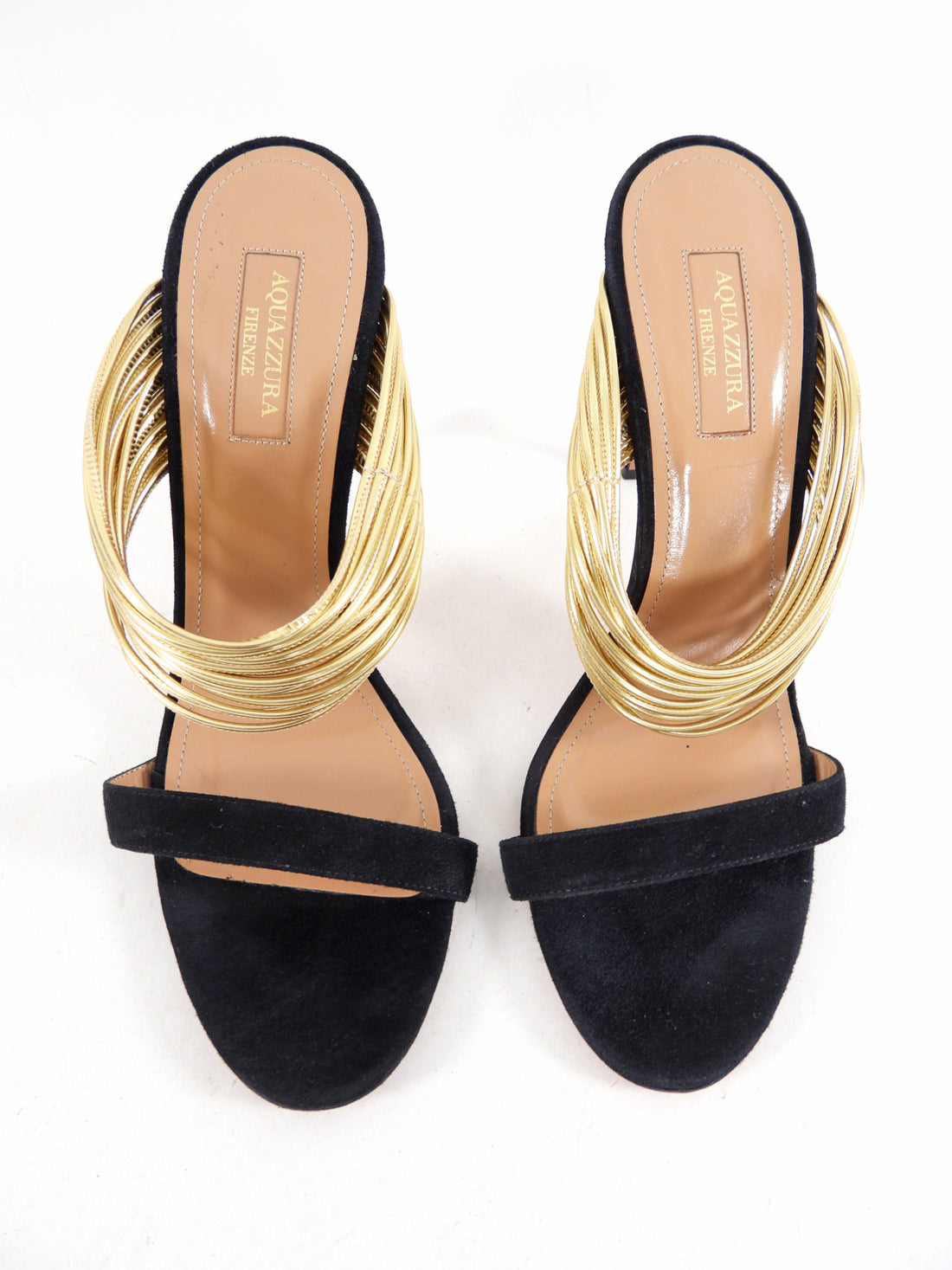 Aquazzura Black Suede and Gold Metallic Sandals - 40 / 9.5