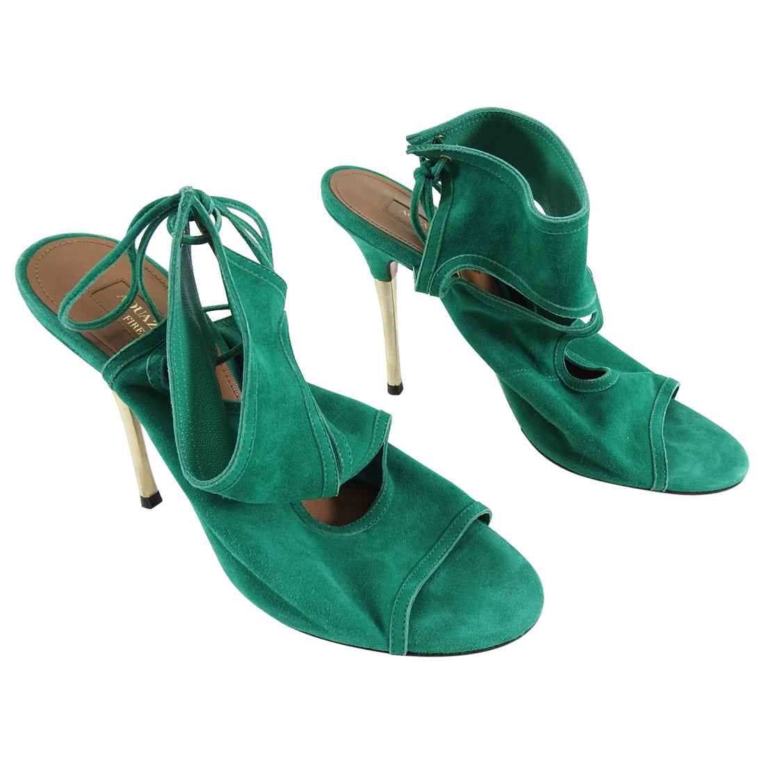 Aquazzura Sexy Thing Emerald Green Suede Gold Metal Heels - 40