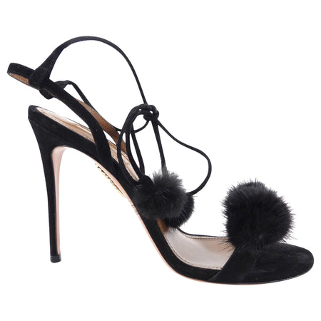Gianvito Rossi Black Suede and Mink Pom Pom Sandals - 37.5