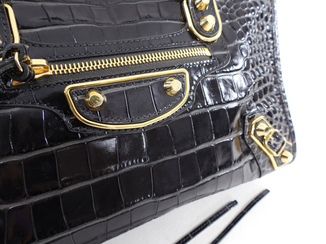 Balenciaga Black Croc Embossed Leather Small Metallic Edge City
