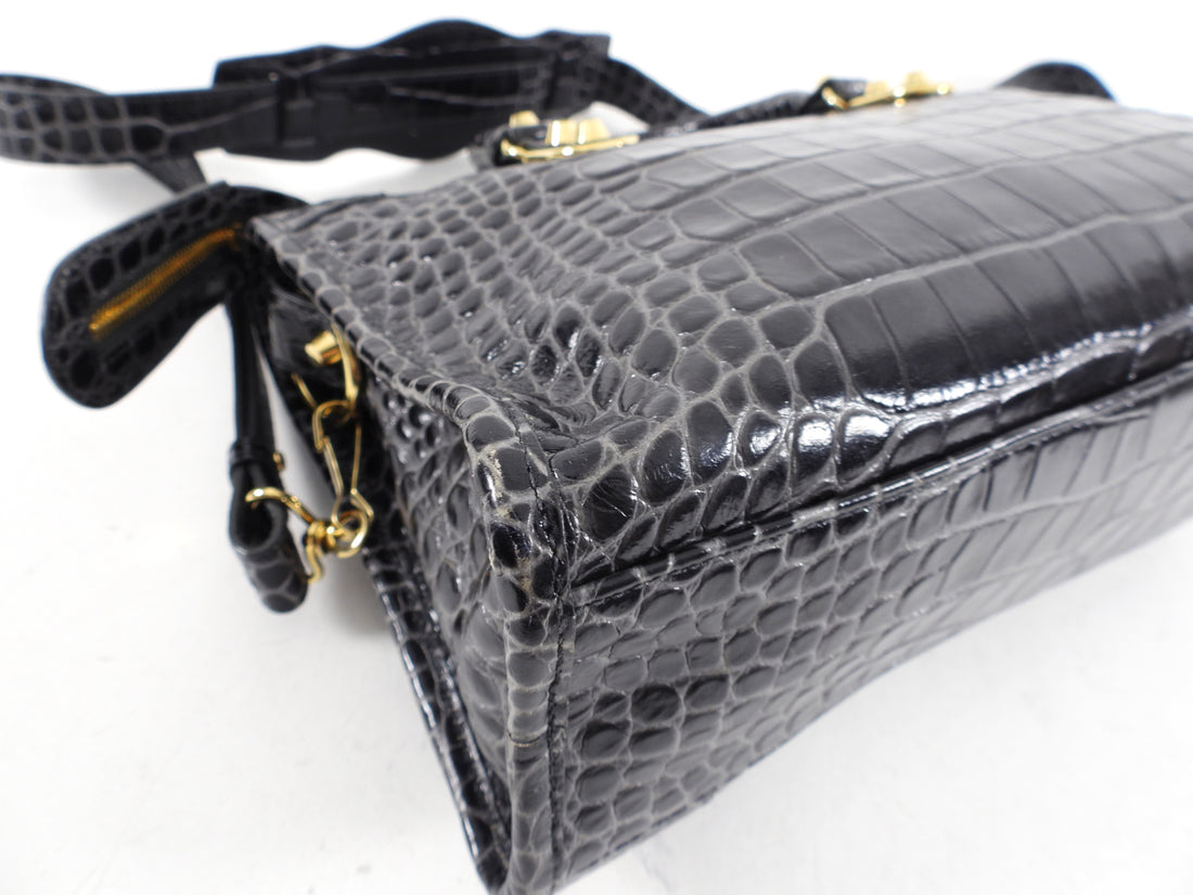 Balenciaga Dark Grey Croc Embossed Small Metallic Edge City Bag