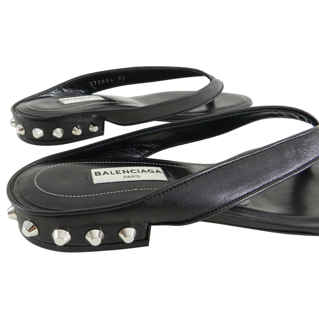 Balenciaga Black Leather Thong Sandals With Silver Stud Heels - 37