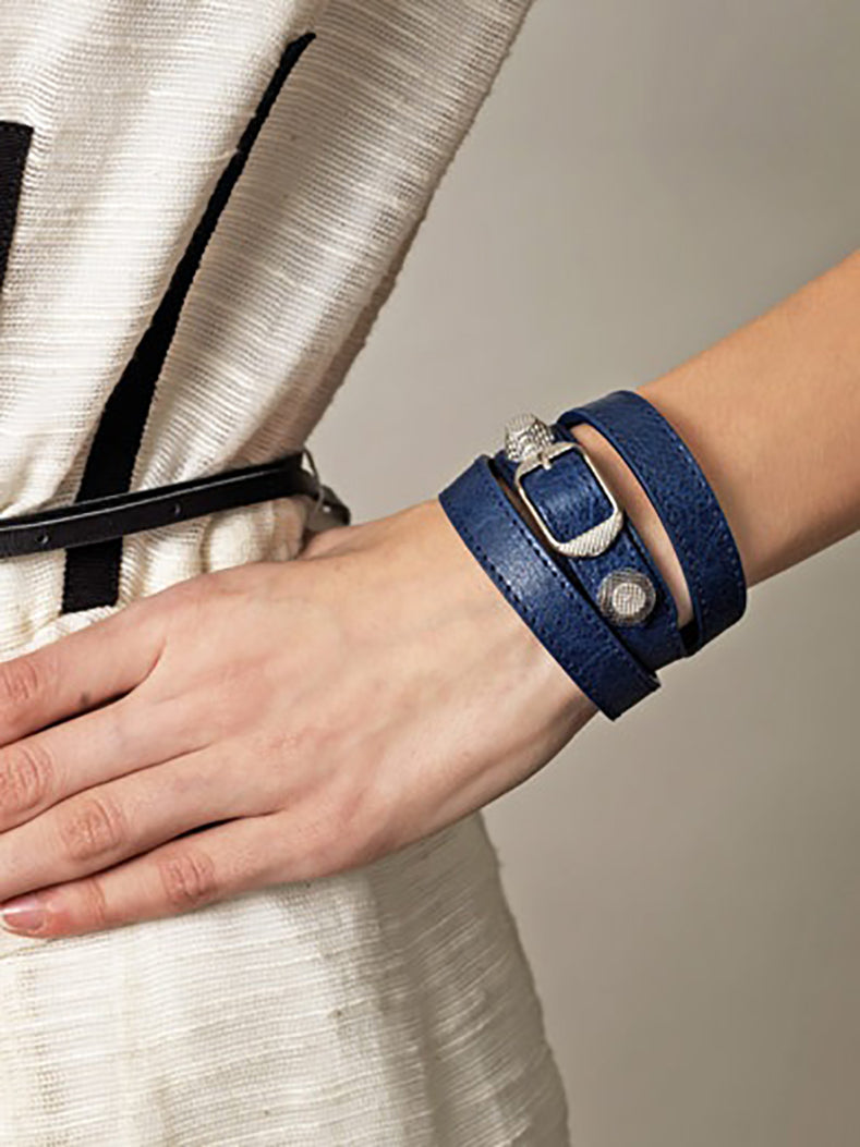 Balenciaga Light Ice Blue Giant Stud Triple Wrap Leather Bracelet