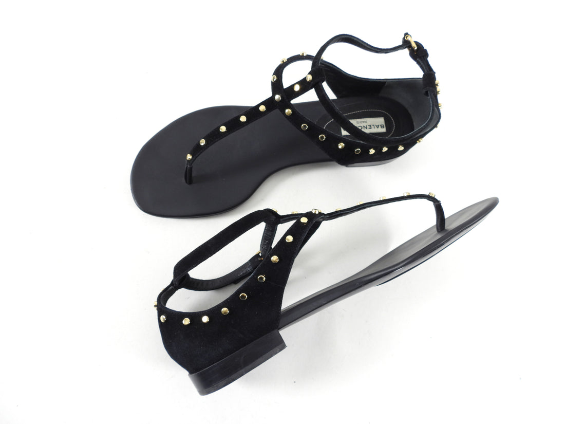 Balenciaga Black Suede Sandals with Light Gold Metal Studs