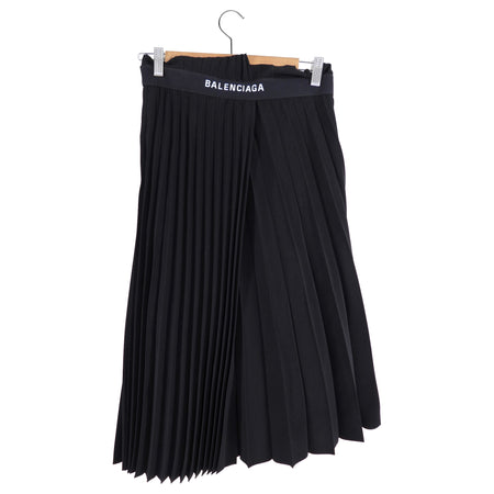 Balenciaga 2018 Black Flat Pleated midi Skirt with Logo Waistband - FR38 / S