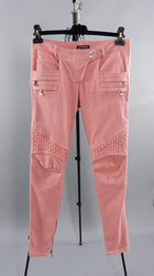 Balmain Pink biker Denim Skinny Low Rise Jeans with Zippers - 38
