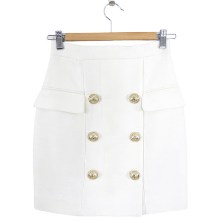 Balmain Ivory Linen Mini Pencil Skirt with Gold Buttons - XS