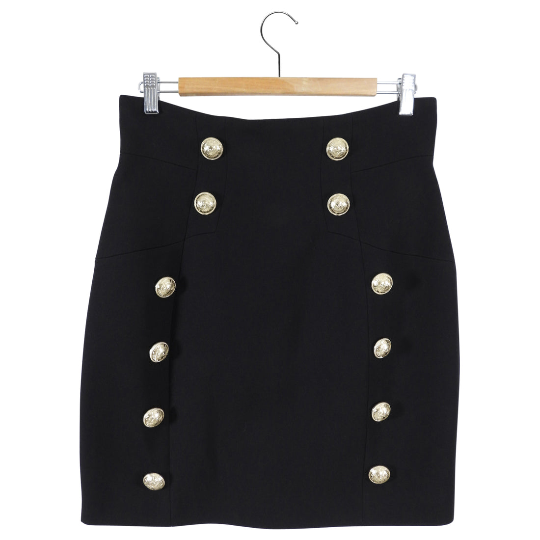 Balmain Black Wool Fitted Mini Pencil Skirt with Gold Buttons - FR42 / USA 10