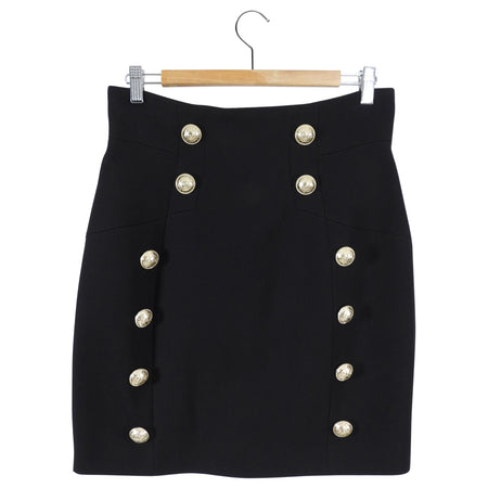 Balmain Black Wool Fitted Mini Pencil Skirt with Gold Buttons - FR42 / USA 10