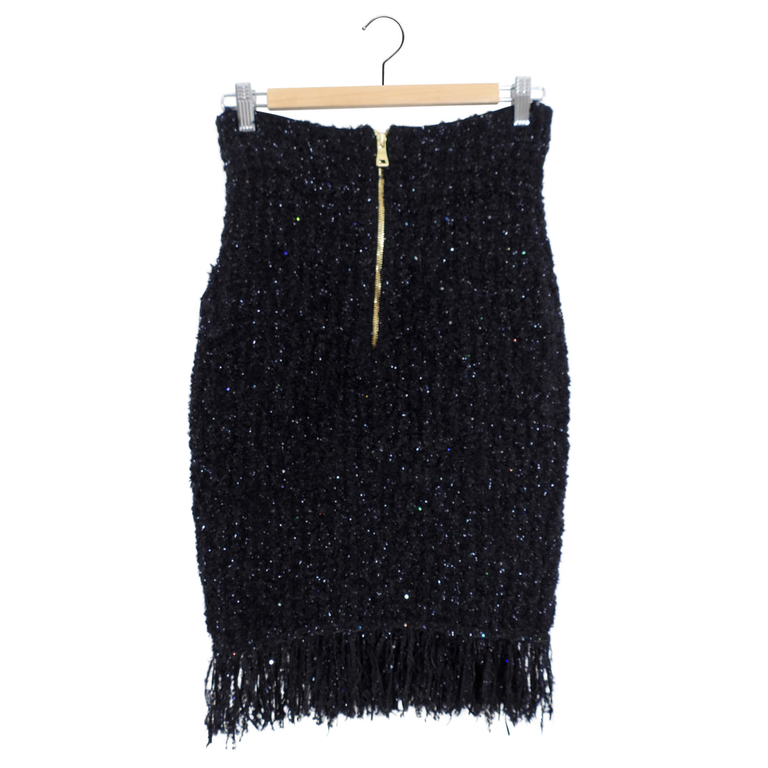 Balmain Stretch Knit Shimmer Tweed Fringe Pencil Skirt - FR40 / USA M