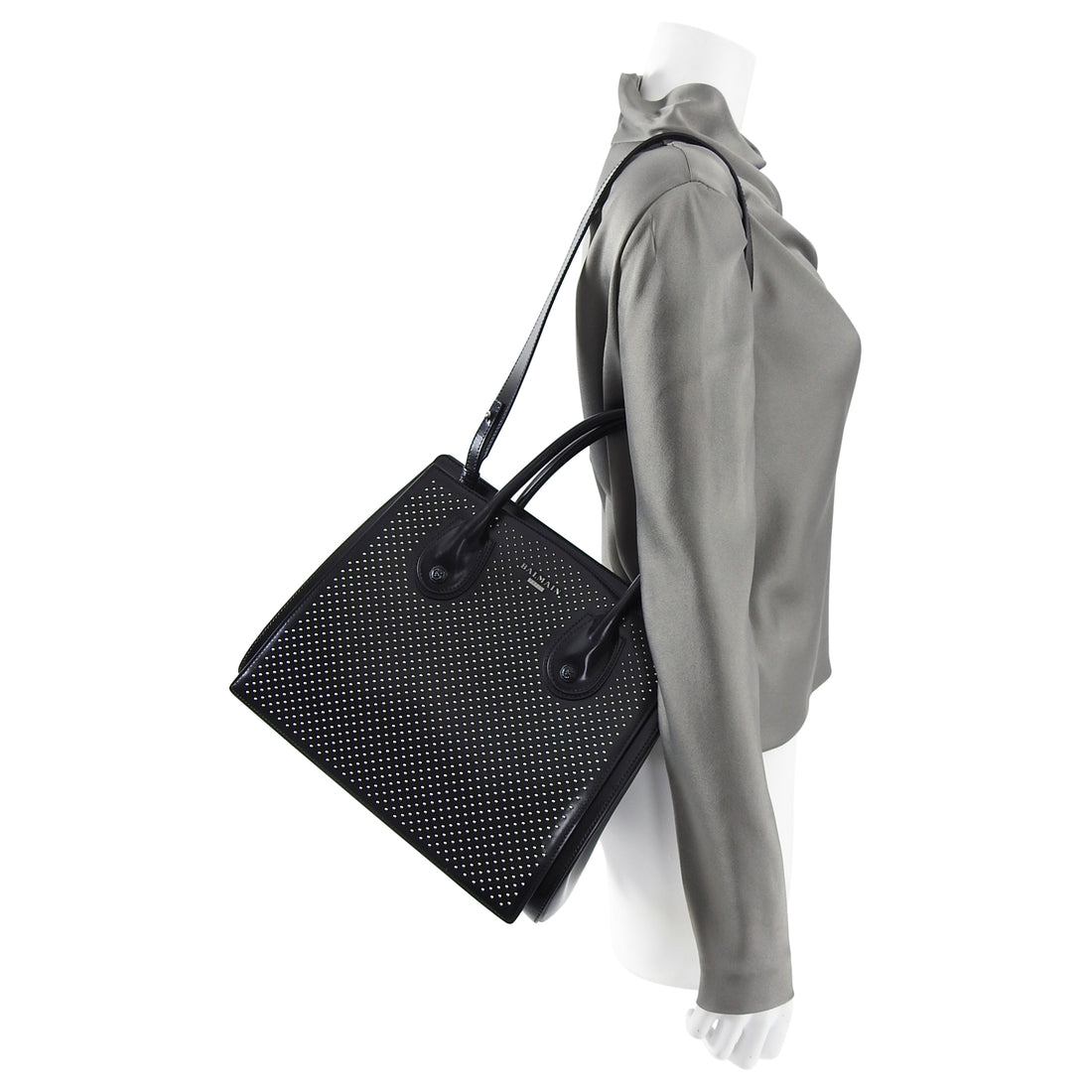 Balmain Black Stud Leather Top Handle Satchel Bag