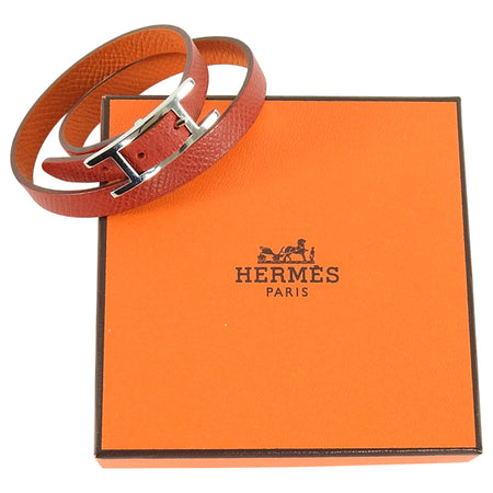 Hermes Red and Orange Leather Behapi Double Tour Bracelet in Box