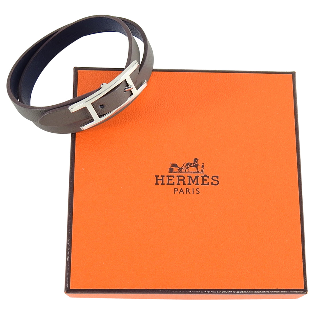 Hermes Brown Leather Behapi Double Tour Bracelet in Box