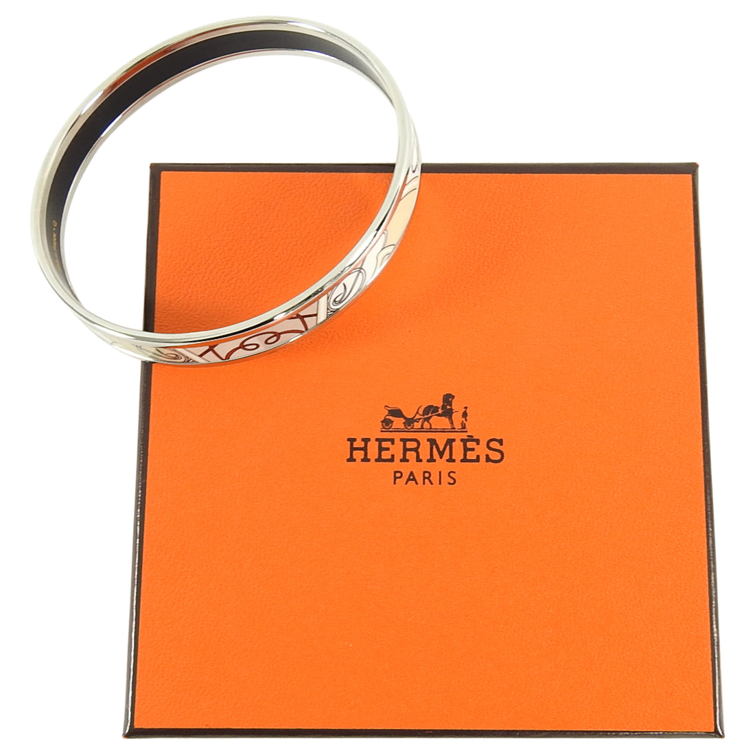 Hermes Narrow Beige Enamel Silver Bangle Bracelet