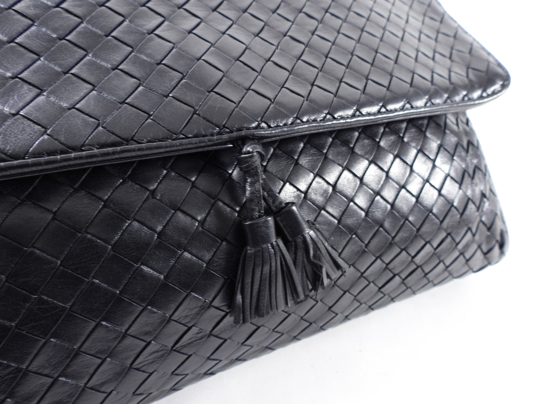 Bottega Veneta Vintage 1980's Black Intrecciato Leather Clutch