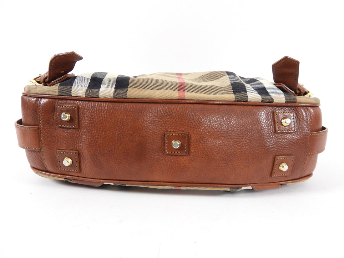Burberry Margaret Brown Leather Classic Nova Check Large Plaid Shoulder Bag