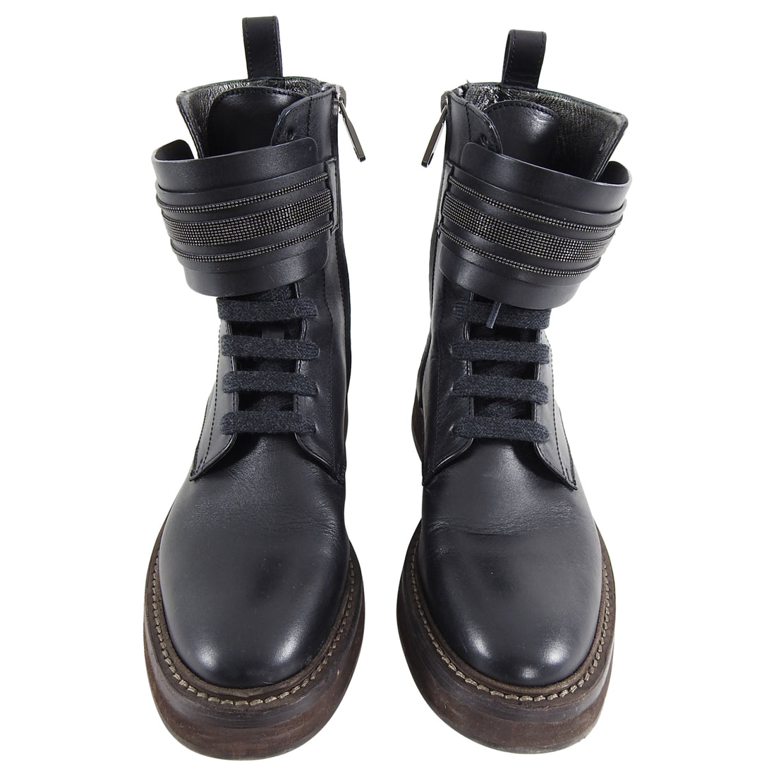 Brunello Cucinelli Black Lace Up Combat Ankle Boots - 6