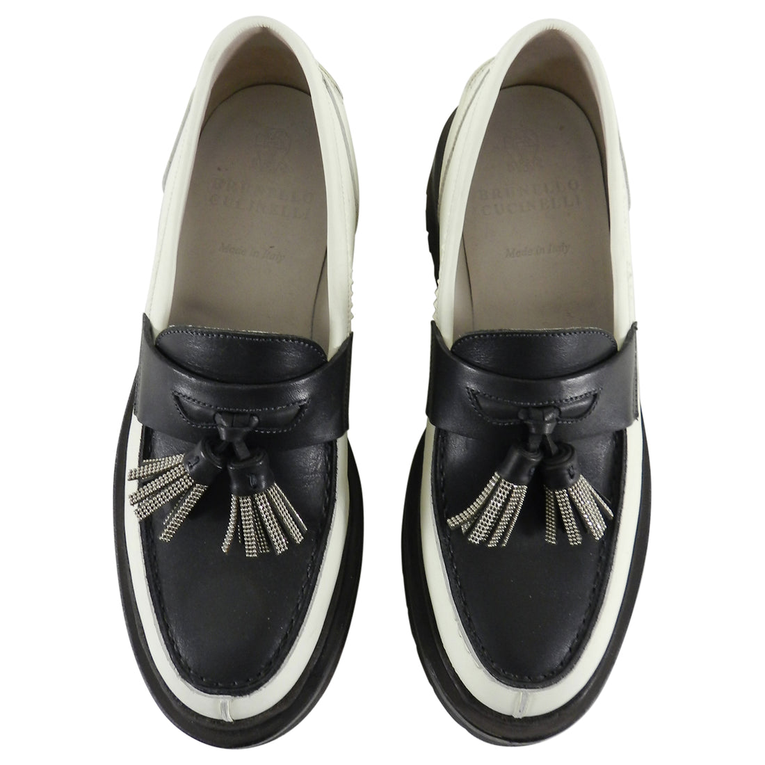 Brunello Cucinelli Ivory and Black Bead Tassel Loafers - 36.5