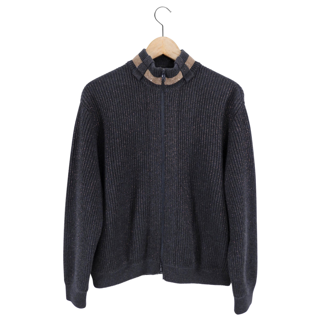 Brunello Cucinelli Dark Grey and Copper Monili Zip Cashmere Sweater - S