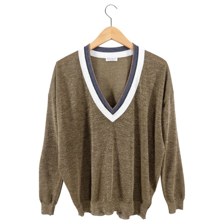 Brunello Cucinelli Gold Shimmer Monili V-Neck Sweater - M