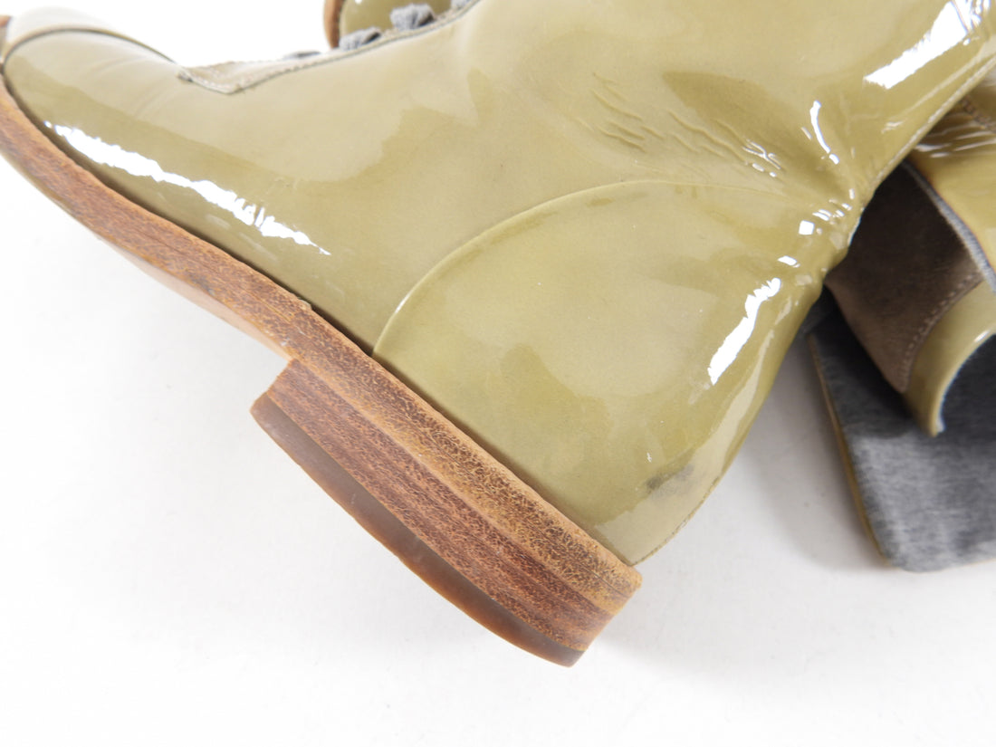Brunello Cucinelli Khaki Green Patent Combat Ankle Boots - 36 / USA 5.5