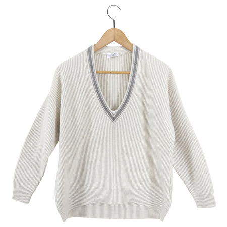 Brunello Cucinelli Bone Cashmere Knit V Neck Monili Sweater - S