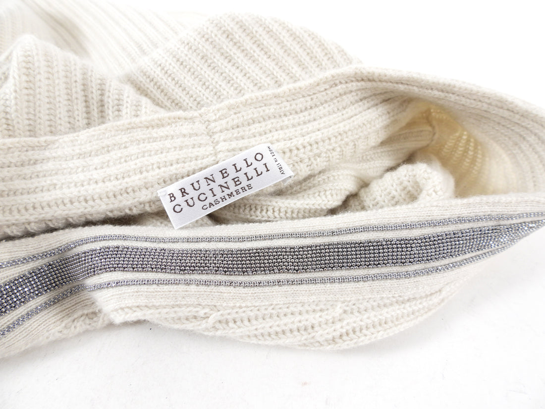 Brunello Cucinelli Bone Cashmere Knit V Neck Monili Sweater - S