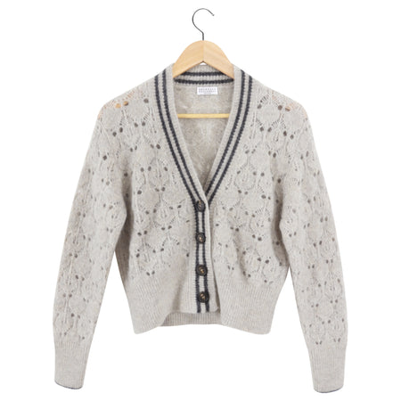 Brunello Cucinelli Light Taupe Mohair Knit Crop Cardigan Sweater - S (4/6)
