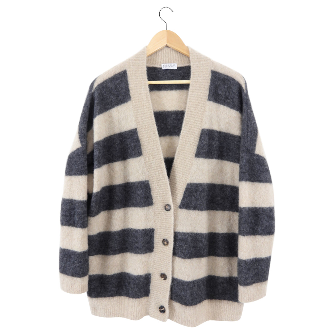 Brunello Cucinelli Beige and Grey Stripe Mohair Cardigan Sweater - M