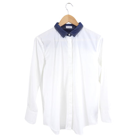 Brunello Cucinelli White Cotton Shirt with Denim Collar - M / 6 / 8