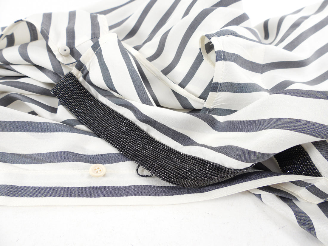 Brunello Cucinelli Grey Ivory Stripe Silk Sleeveless Top - M
