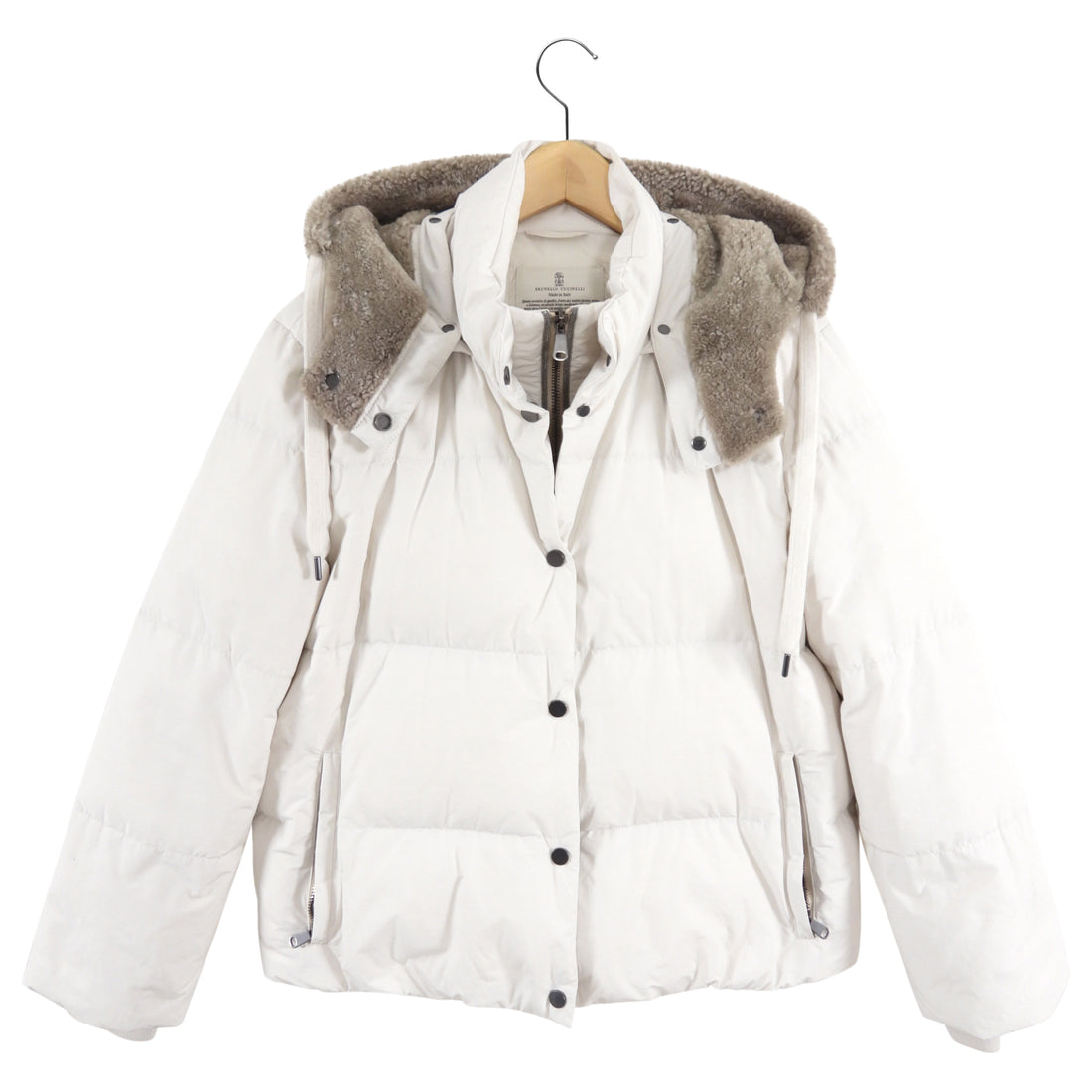 Brunello Cucinelli Bone White Down Puffer Jacket with Shearling Hood