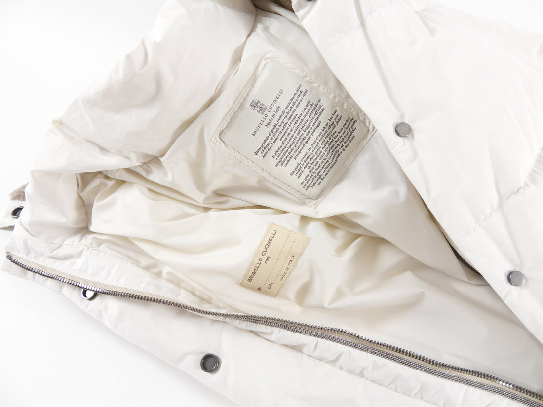 Brunello Cucinelli Bone White Down Puffer Jacket with Shearling Hood