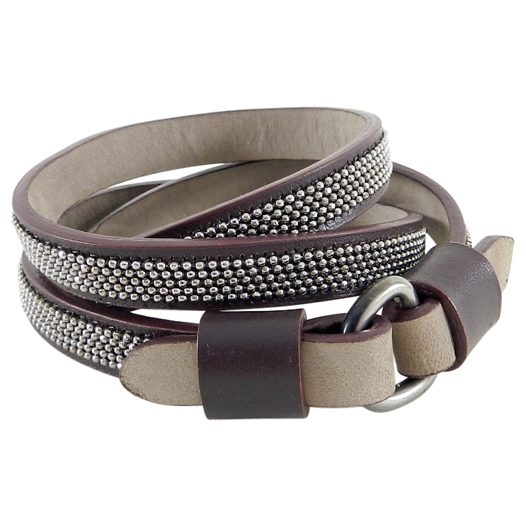 Brunello Cucinelli Burgundy Leather Beaded Wrap Bracelet