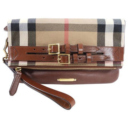 Burberry Brown Fold Over Check Wristlet Clutch Bag