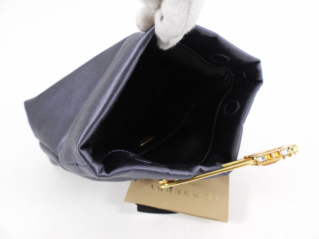 Burberry Grey Silk Satin Strass Pin Evening Clutch Bag