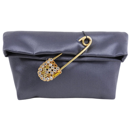 Burberry Grey Silk Satin Strass Pin Evening Clutch Bag