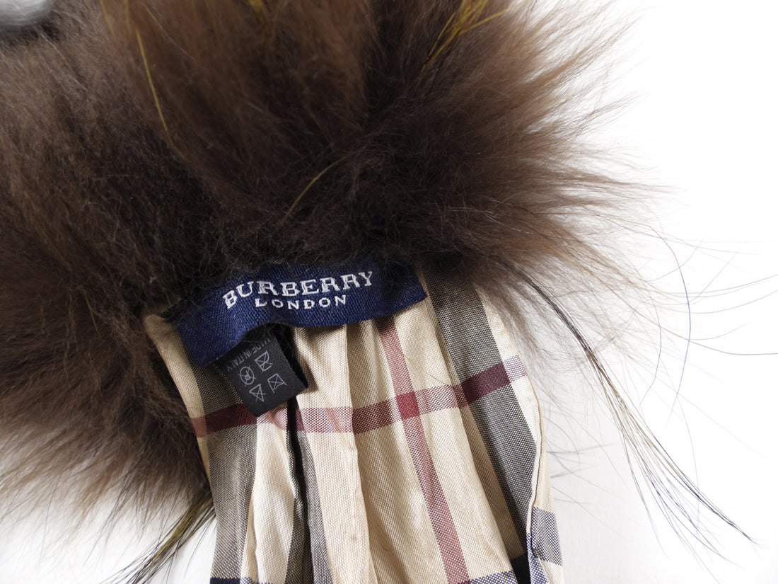 Burberry London Fox Fur Stole / Scarf with Silk Check Tie