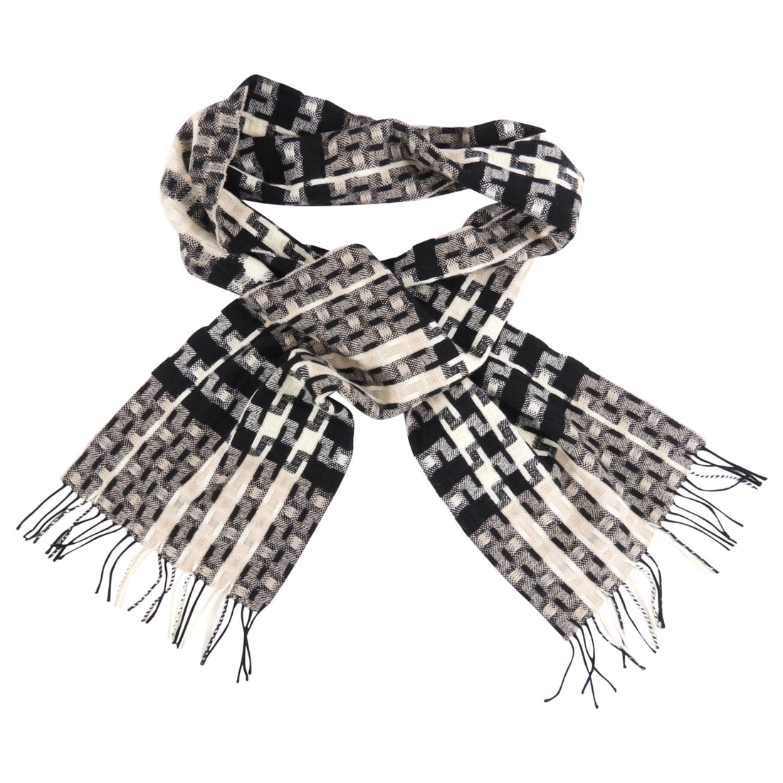 Burberry Black Ivory Beige Tweed Wool Long Scarf