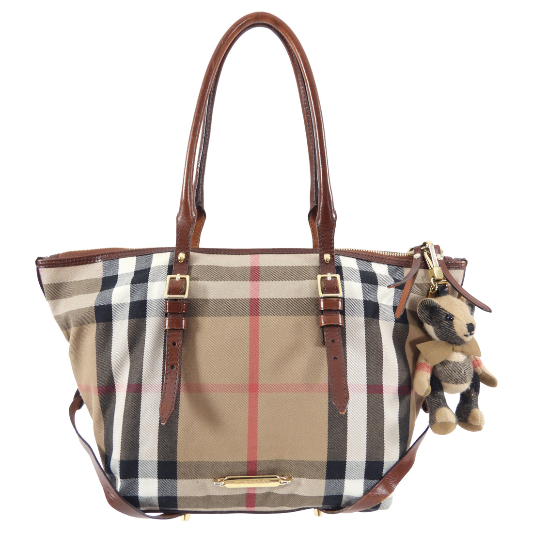 Burberry Fabric Check Tote Bag with Teddy Bear Charm