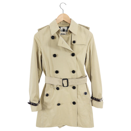 Burberry Short Trench Coat with Leather Detail at Cuffs - USA 2