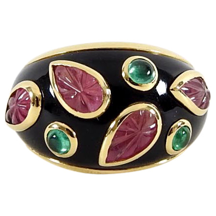 Cartier Vintage 1991 18k gold Tourmaline Emerald Enamel Ring - 49 / 4.75