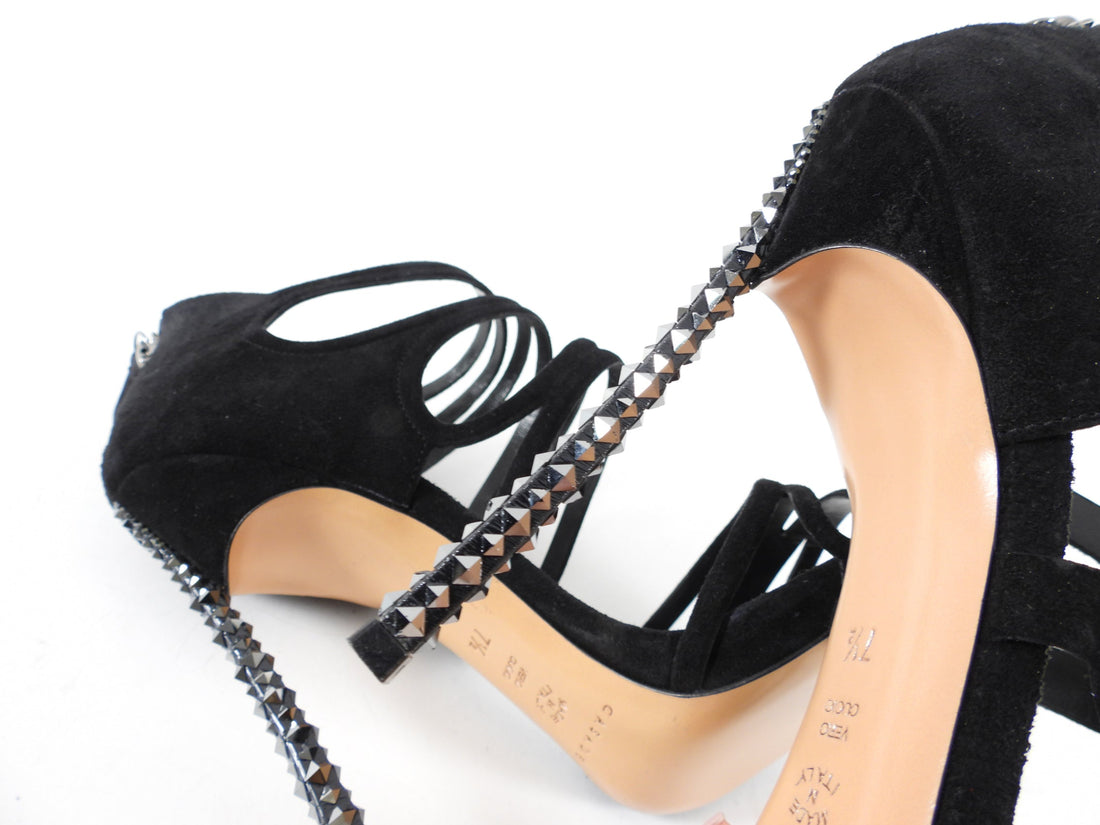 Casadei Black Suede and Crystal 120mm High Heel Sandals - 37.5
