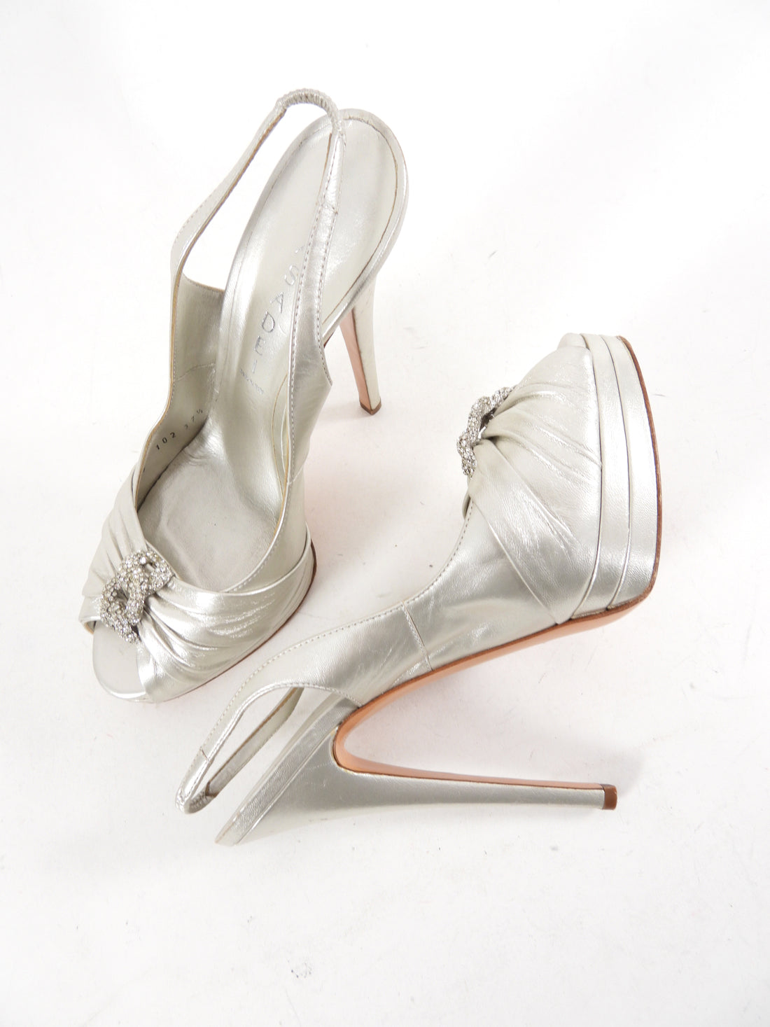 Casadei Silver Leather Jewel Platform Slingback Heels - 7.5