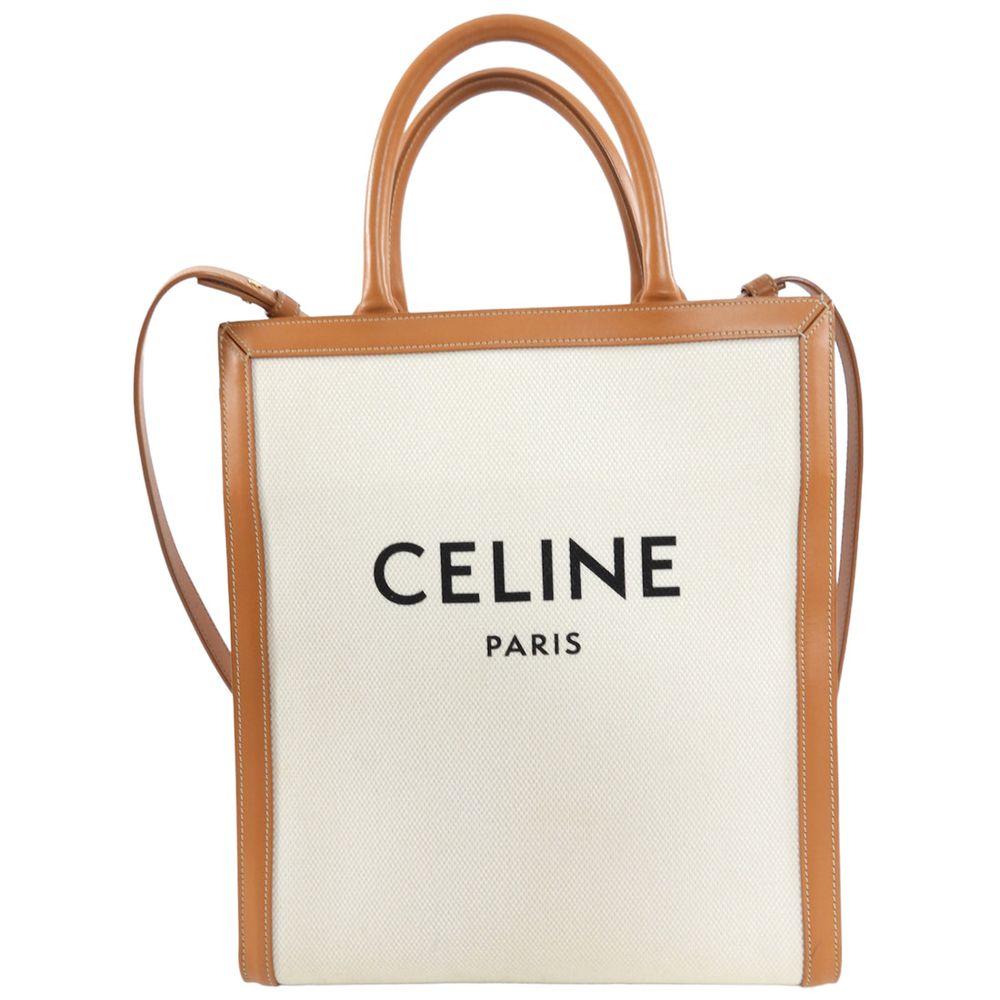 Celine Vertical Canvas and Tan Leather Logo Cabas Tote Bag