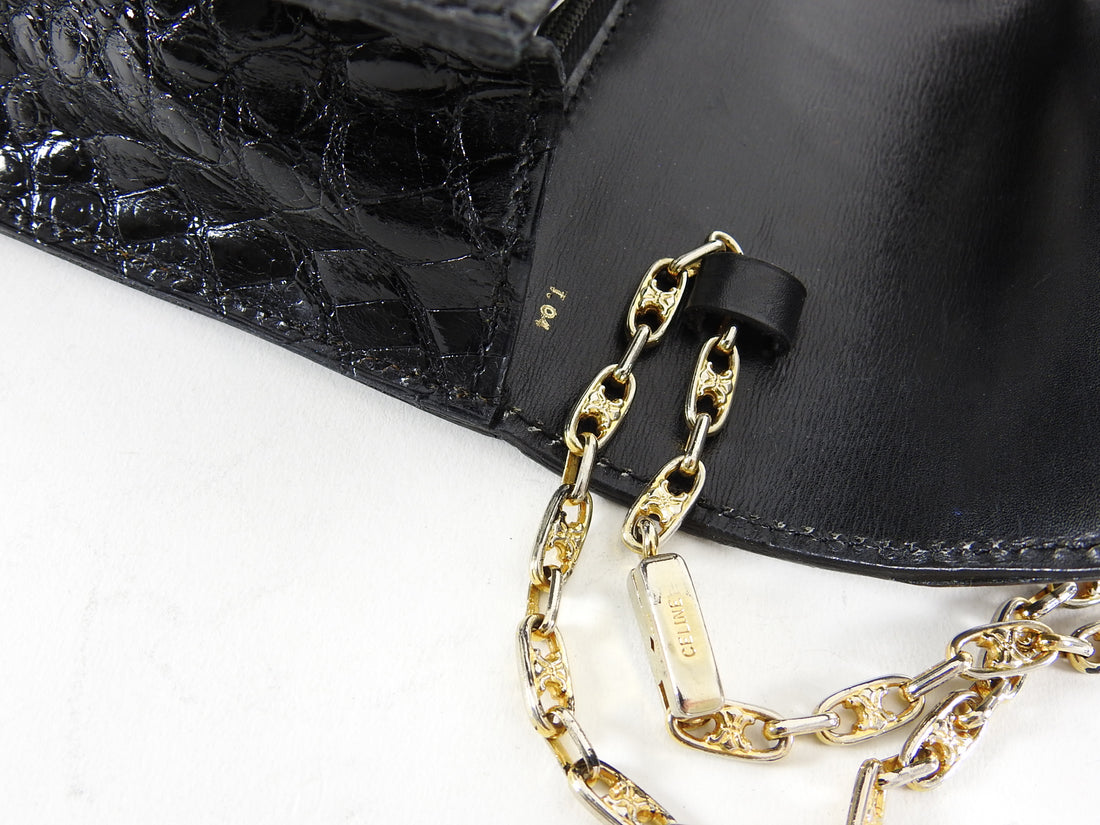 CELINE C Logo Crocodile Embossed Leather Chain Shoulder bag Black Vint –  VintageShop solo