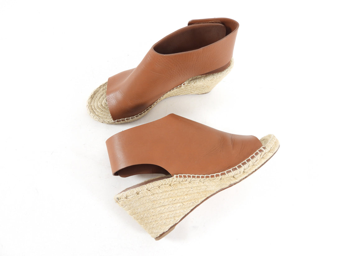 Celine Tan Leather Espadrille Wedge Sandals - 40