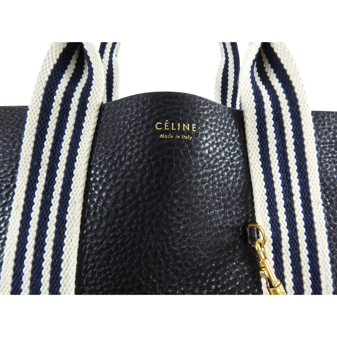 Celine Black Pebbled Leather Tote with Canvas Striped Straps
